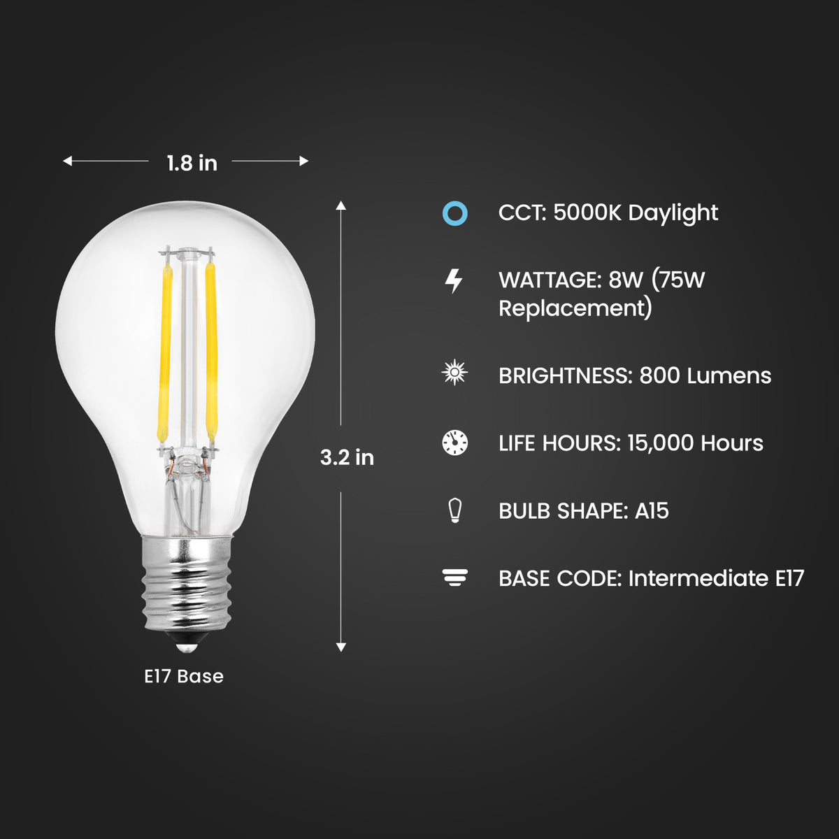 8W (75W Replacement) Daylight (5000K) E26 Base A15 Dimmable Glass Filament LED Light Bulb (2-Pack)