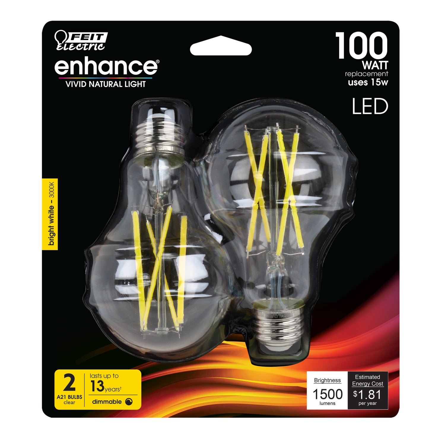 15 W (100W Replacement) Bright White (3000K) A21 (E26 Base) Clear Filament LED (2-Pack)