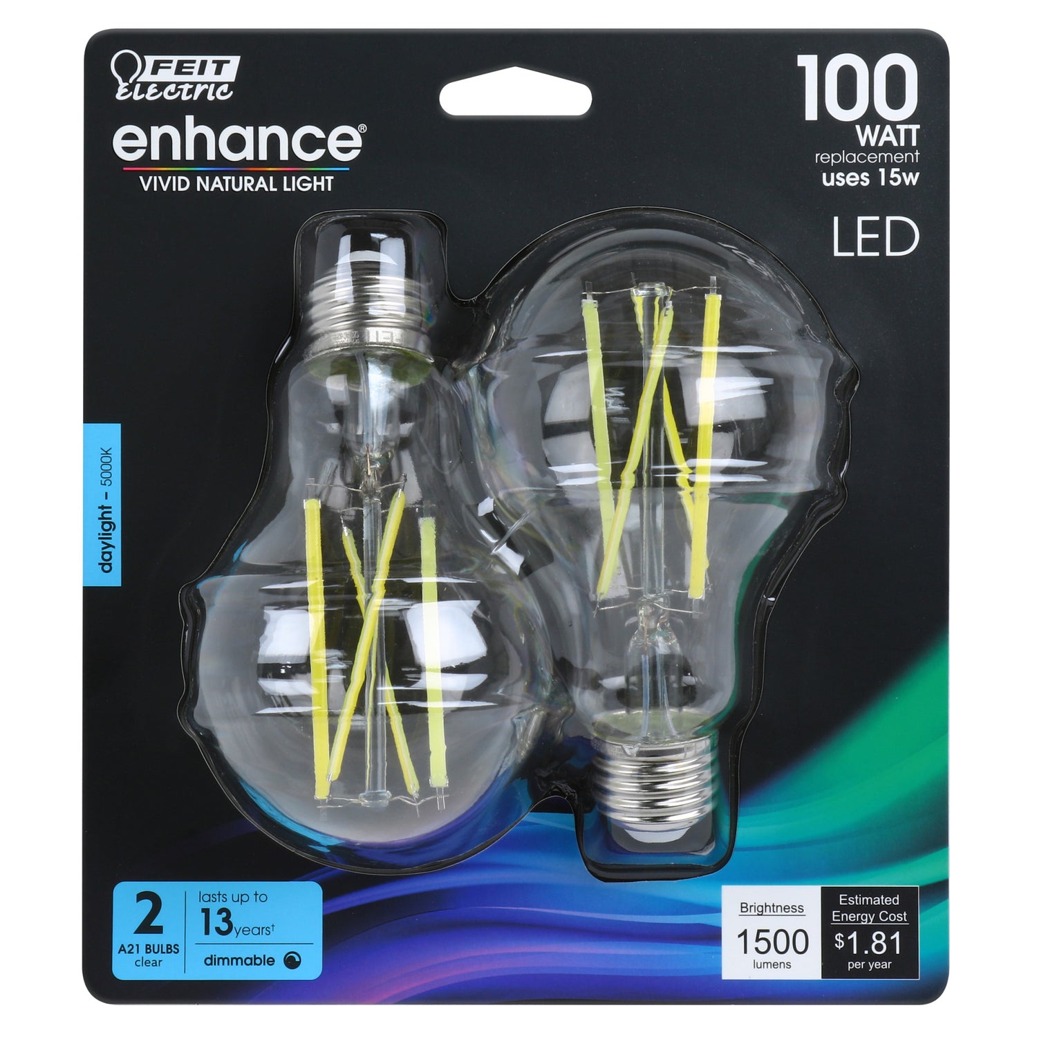 15W (100W Replacement) Daylight (5000K) E26 Base A21 Glass Filament Enhance LED (2-Pack) - Feit Electric