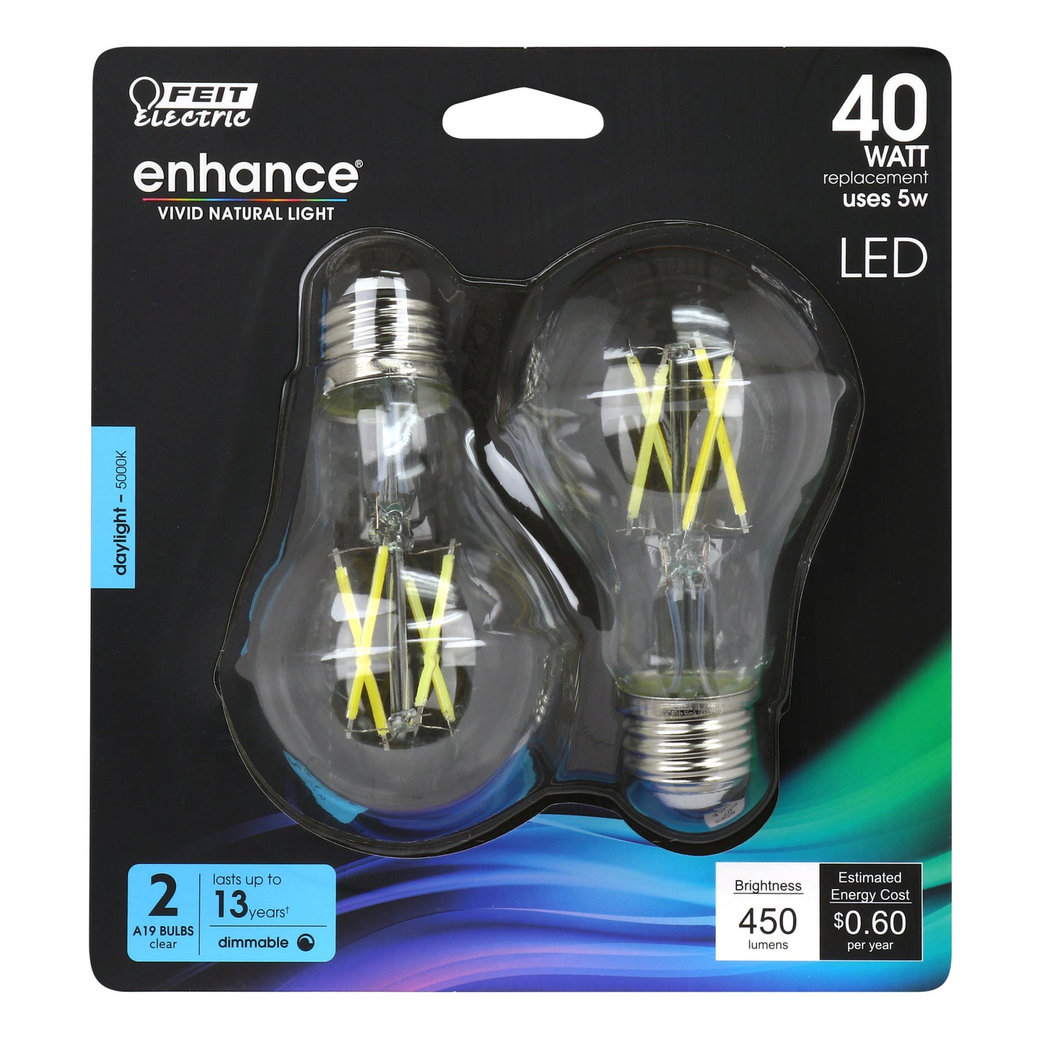 5W (40W Replacement) Daylight (5000K) E26 Base A19 Enhance Filament LED Light Bulb (2-Pack) - Feit Electric