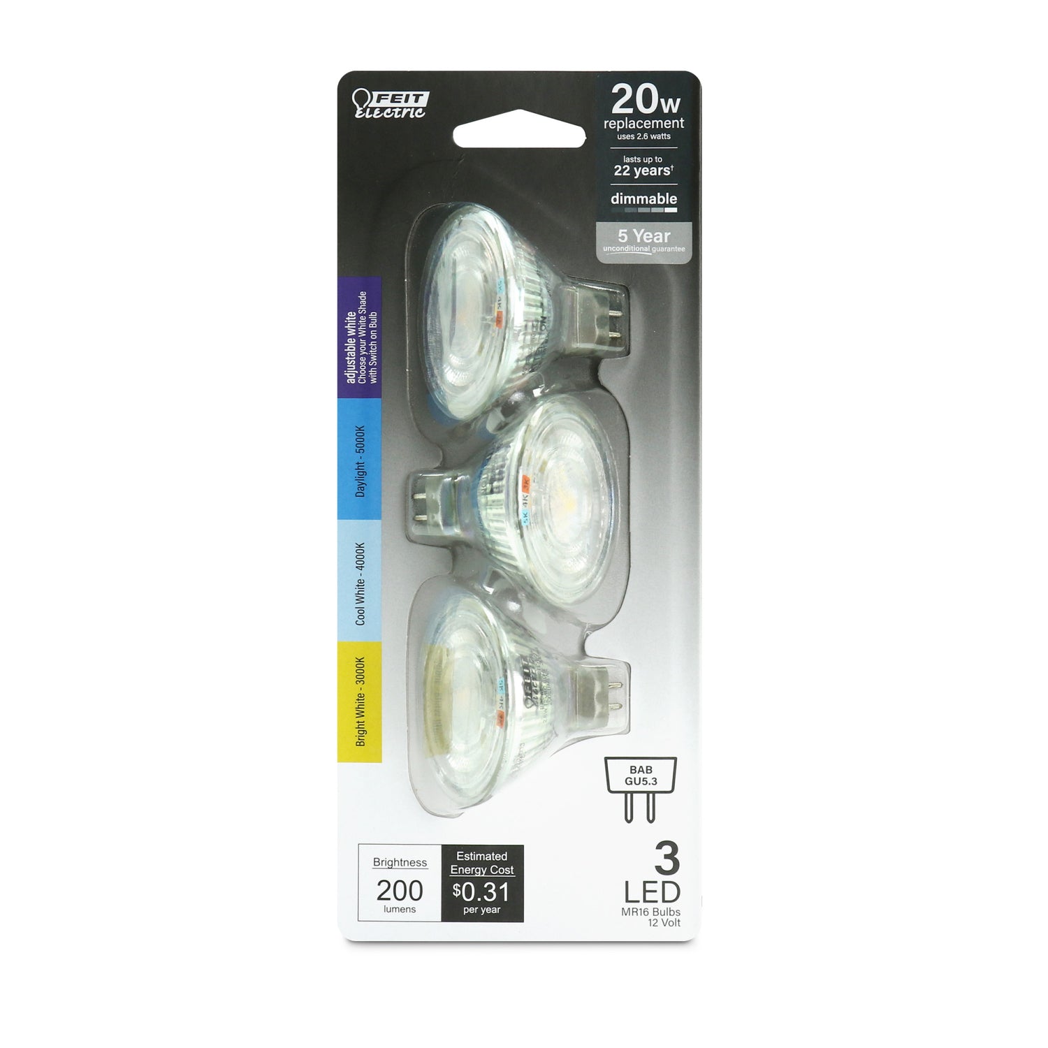 2.6W (20W Replacement) Adjustable White GU5.3 Base MR16 Dimmable Enhance Reflector LED (3-Pack)
