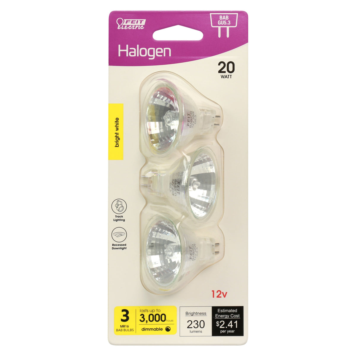 20W Bright White (2800K) MR16 GU5.3 Base Reflector Halogen Bulb (3-Pack)