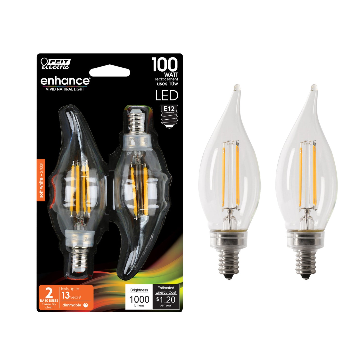 10W (100W Replacement) Soft White (2700K) E12 Base BA10 Flame Tip Filament LED Light Bulb (2-Pack)