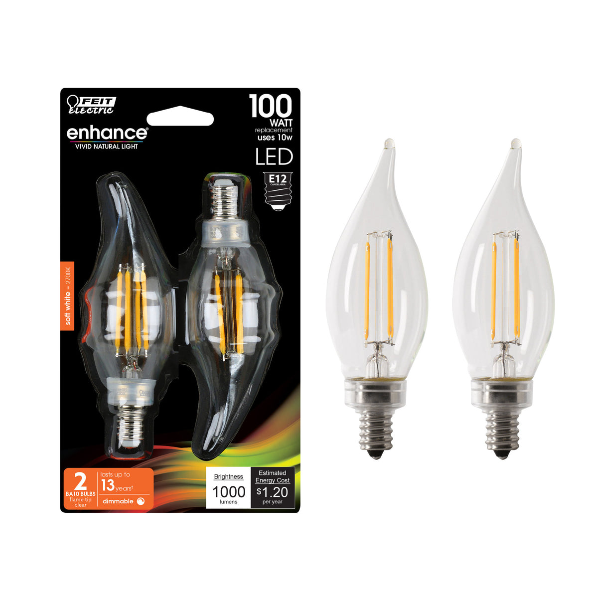 10W (100W Replacement) Soft White (2700K) E12 Base BA10 Flame Tip Filament LED Light Bulb (2-Pack)