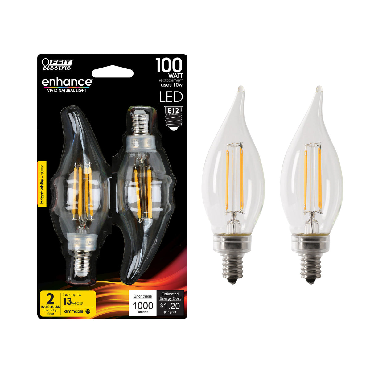 10W (100W Replacement) Bright White (3000K) E12 Base BA10 Flame Tip Dimmable Filament LED Bulb (2-Pack)