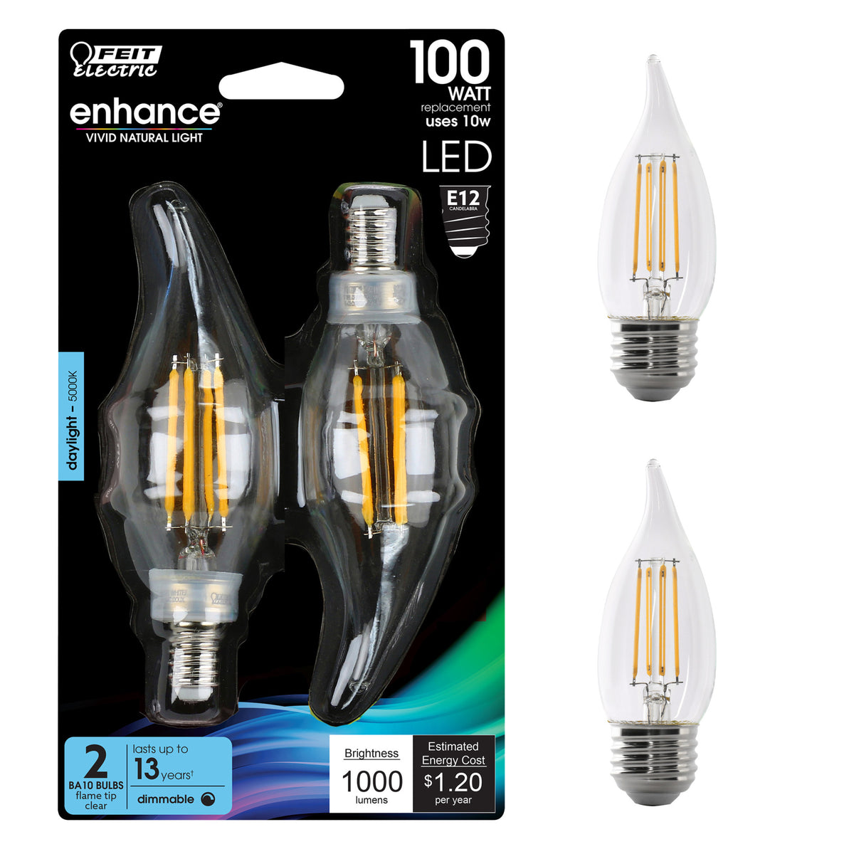 10W (100W Replacement) Daylight (5000K) Flame Tip  Filament LED (2-Pack)