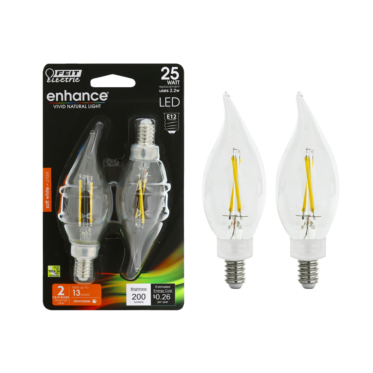 25-Watt Equivalent B10 Dimmable Soft White LED Filament Enhance (2-Pack)