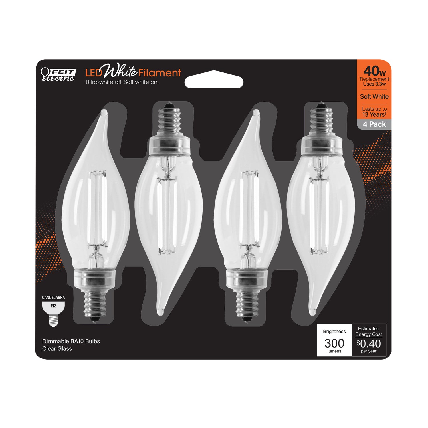 3.3W (40W Replacement) Soft White (2700K) E12 Base BA10 Flame Tip Exposed White Filament LED Bulb (4-Pack)