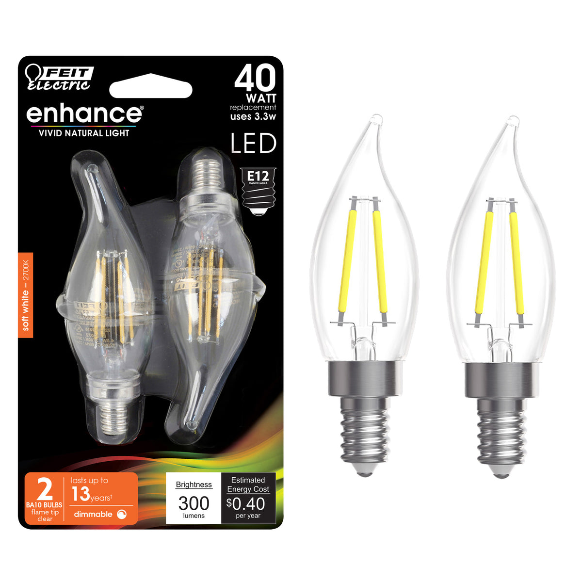 3.3W (40W Replacement) Soft White (2700K) Clear BA10 Dimmable LED Filament Enhance (2-Pack)
