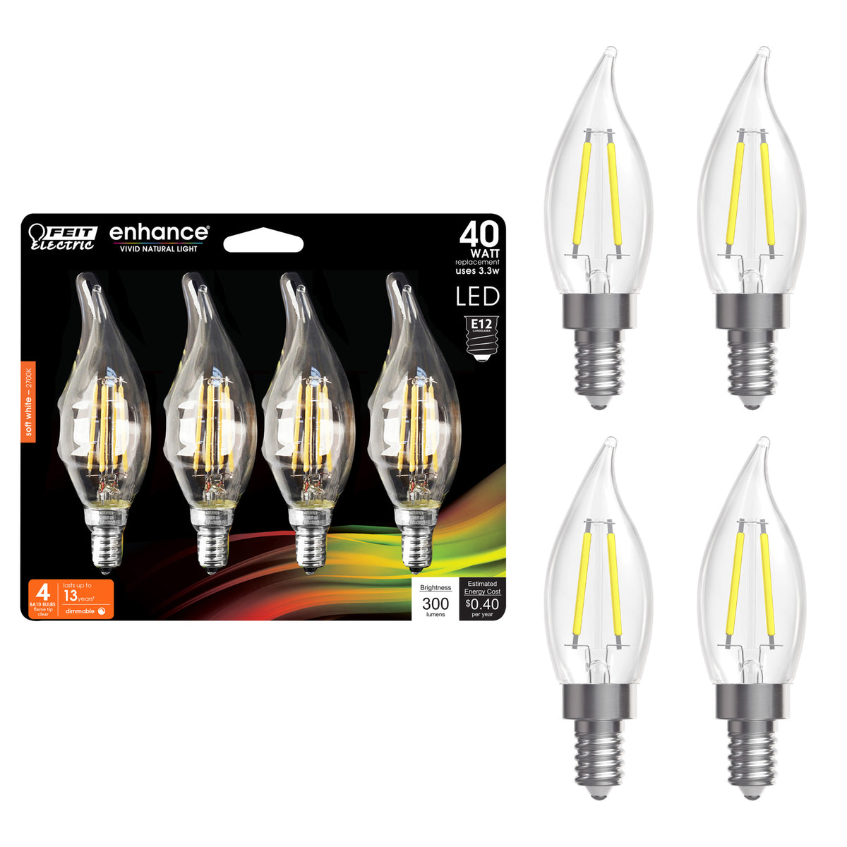 40W Replacement Clear BA10 Dimmable Soft White Decorative LED Filament Enhance (4-Pack)