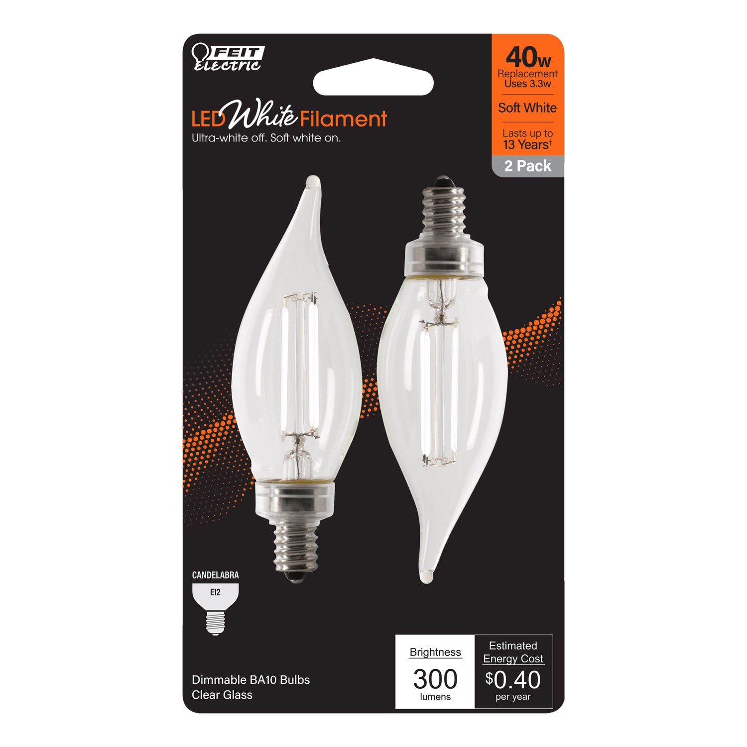 3.3W (40W Replacement) Soft White (2700K) Flame Tip BA10 (E12 Base) Exposed White Filament LED Bulb (2-Pack)