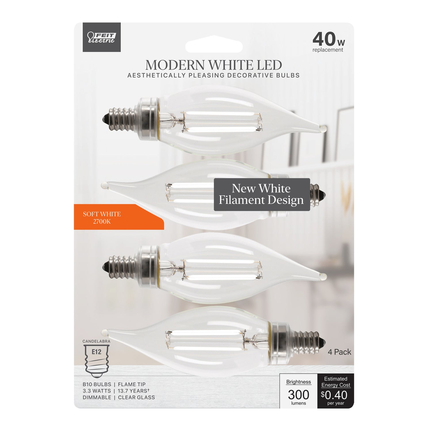 3.3 W (40W Replacement) Soft White (2700K) Flame Tip B10 (E12 Base) Exposed White Filament LED Bulb (4-Pack)