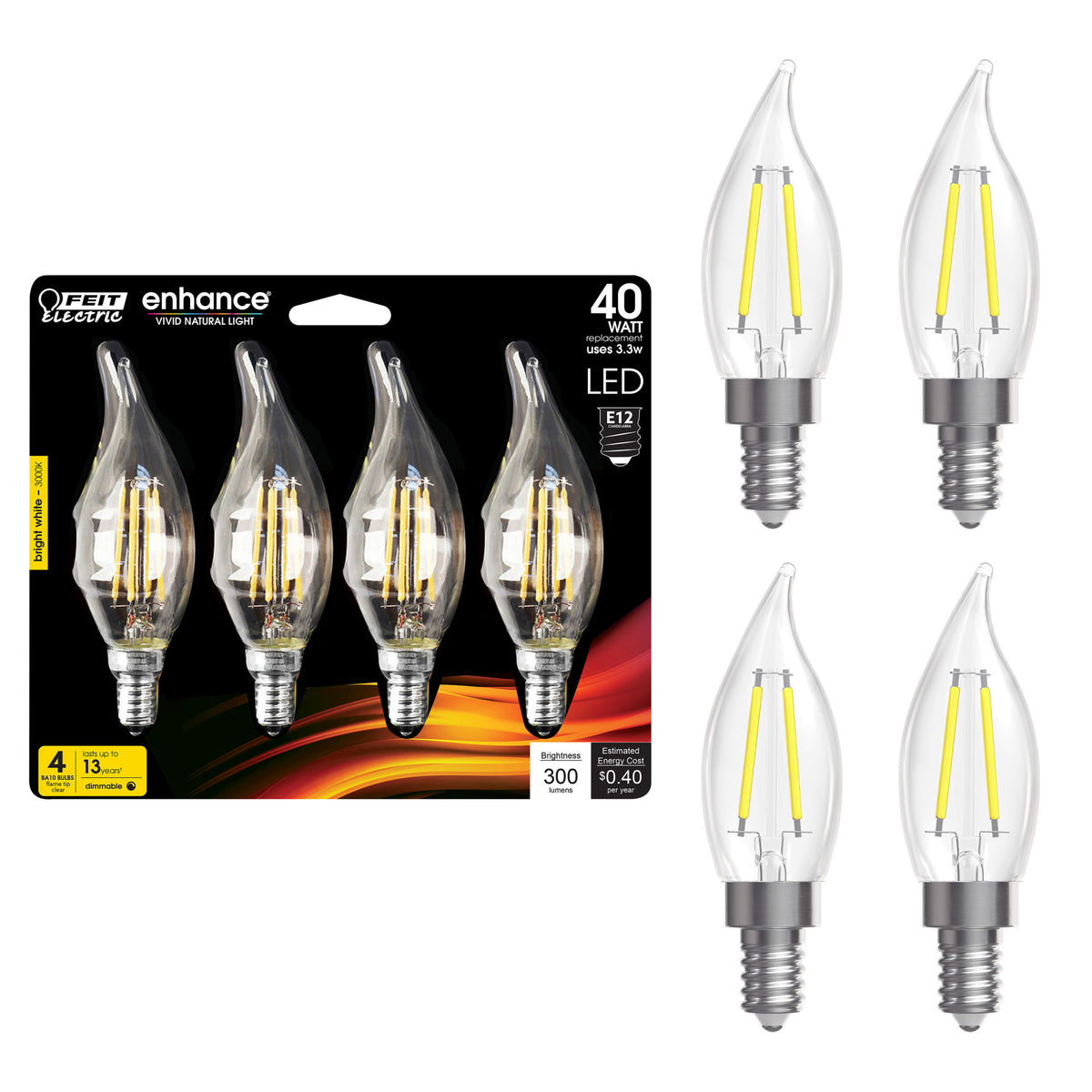 3.3W (40W Replacement) Bright White (3000K) E12 Base BA10 Flame Tip Filament LED (4-Pack)