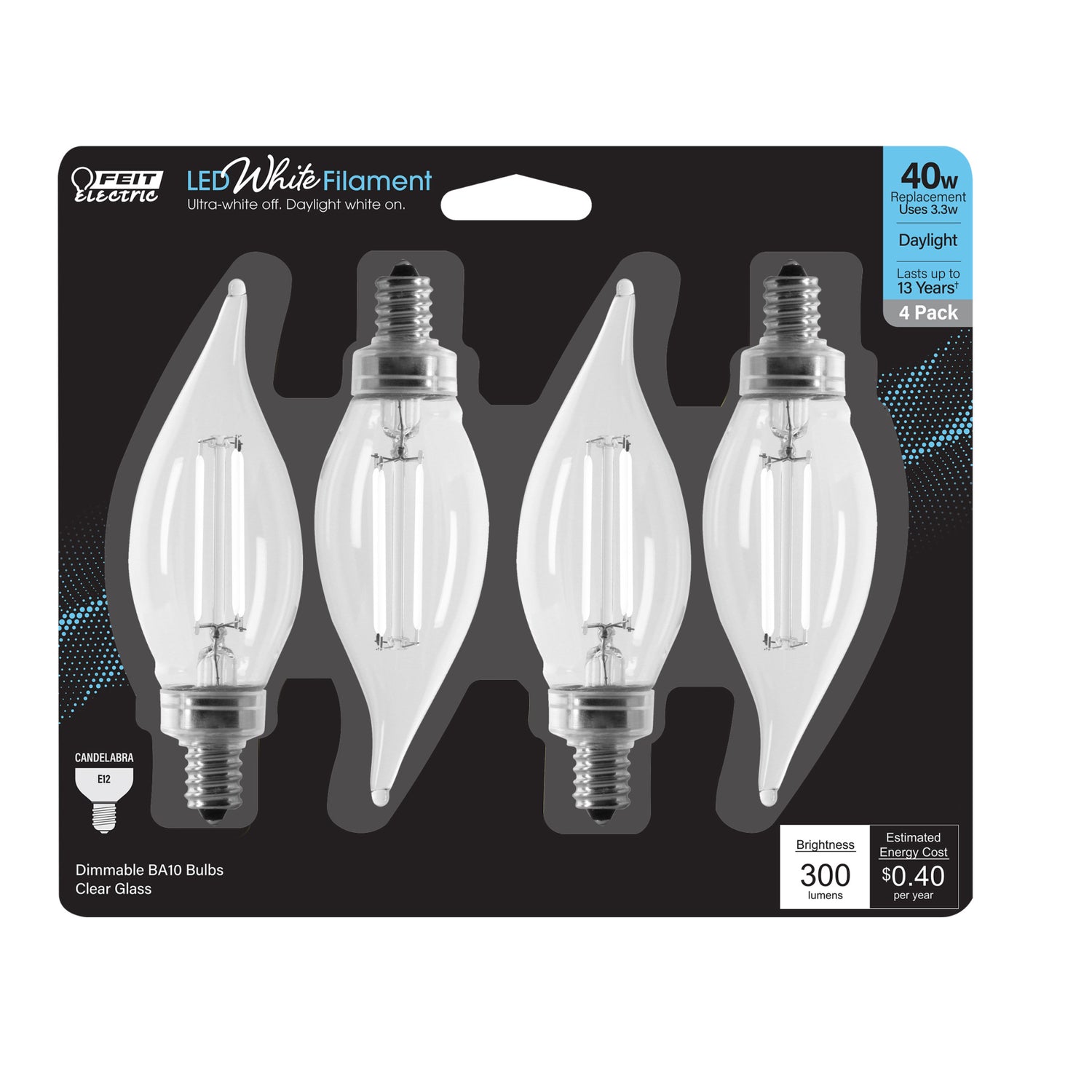 3.3W (40W Replacement) Daylight (5000K) B10 (E12 Base) Flame Tip Exposed White Filament LED Bulb (4-Pack)