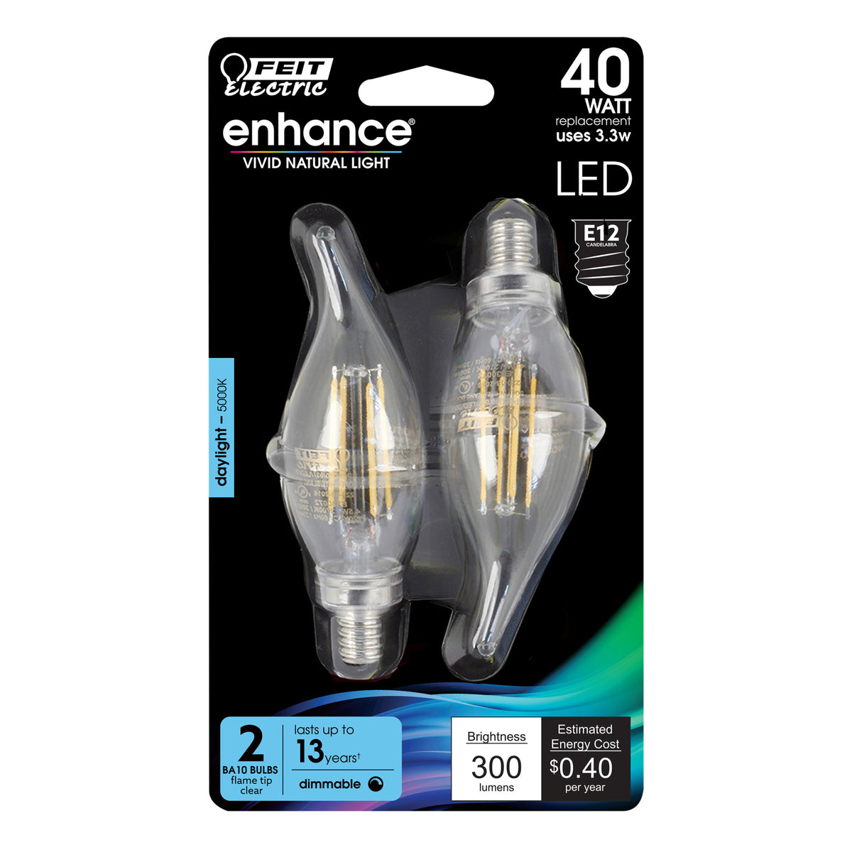 3.3W (40W Replacement) Daylight (5000K) E12 Base BA10 Dimmable Decorative Filament Enhance LED Bulb (2-Pack)