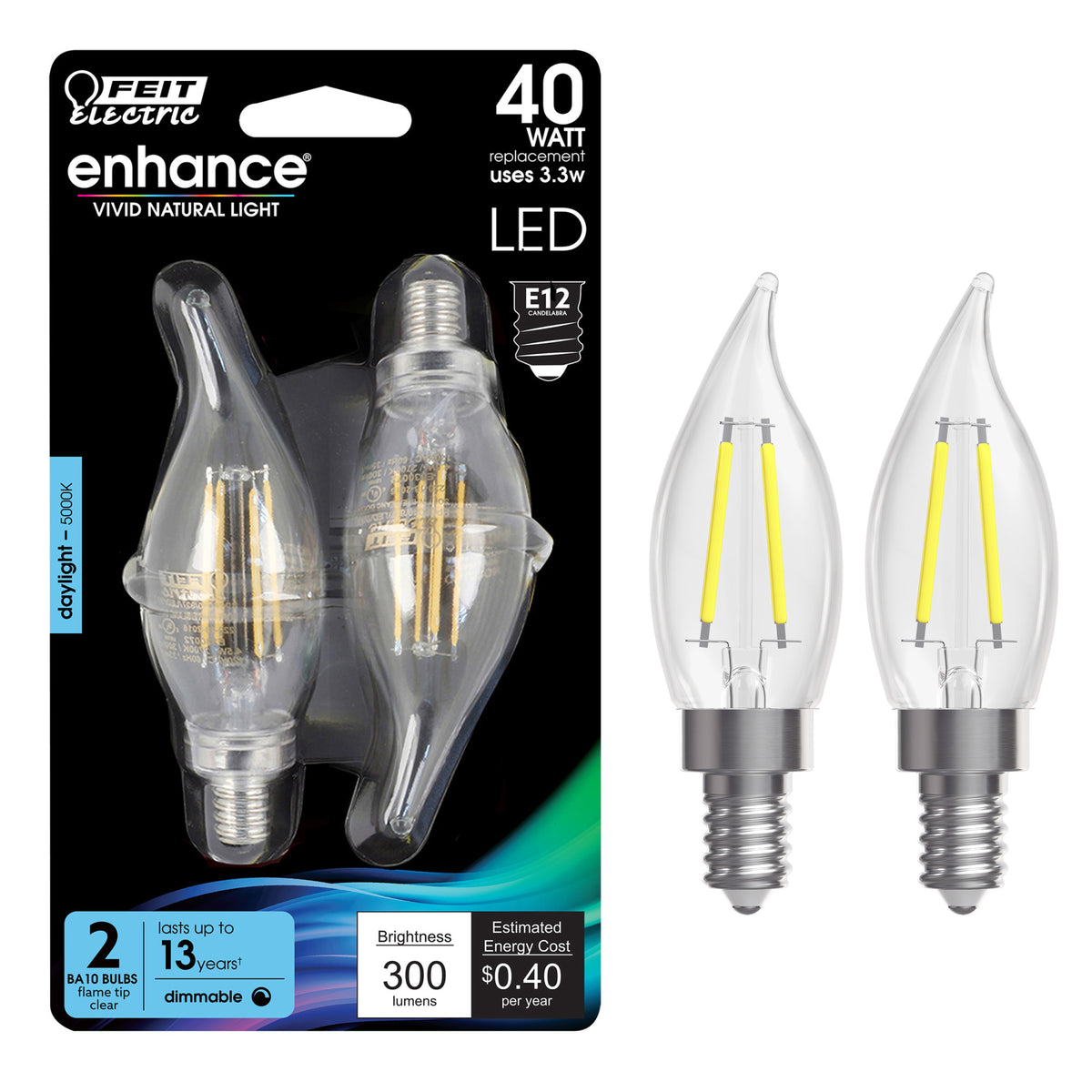3.3W (40W Replacement) Daylight (5000K) E12 Base BA10 Dimmable Decorative Filament Enhance LED Bulb (2-Pack)
