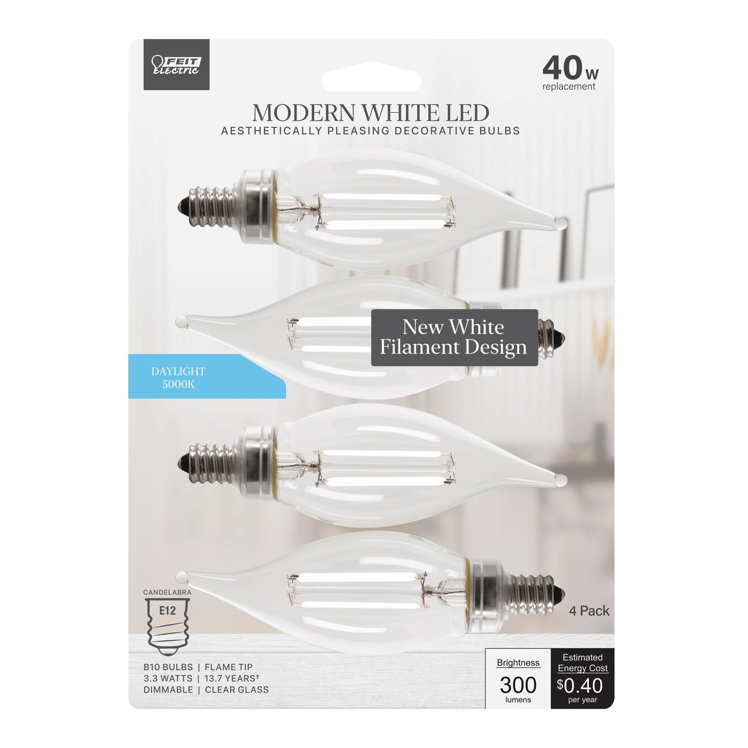 3.3W (40W Replacement) Daylight (5000K) B10 (E12 Base) Flame Tip Exposed White Filament LED Bulb (4-Pack)