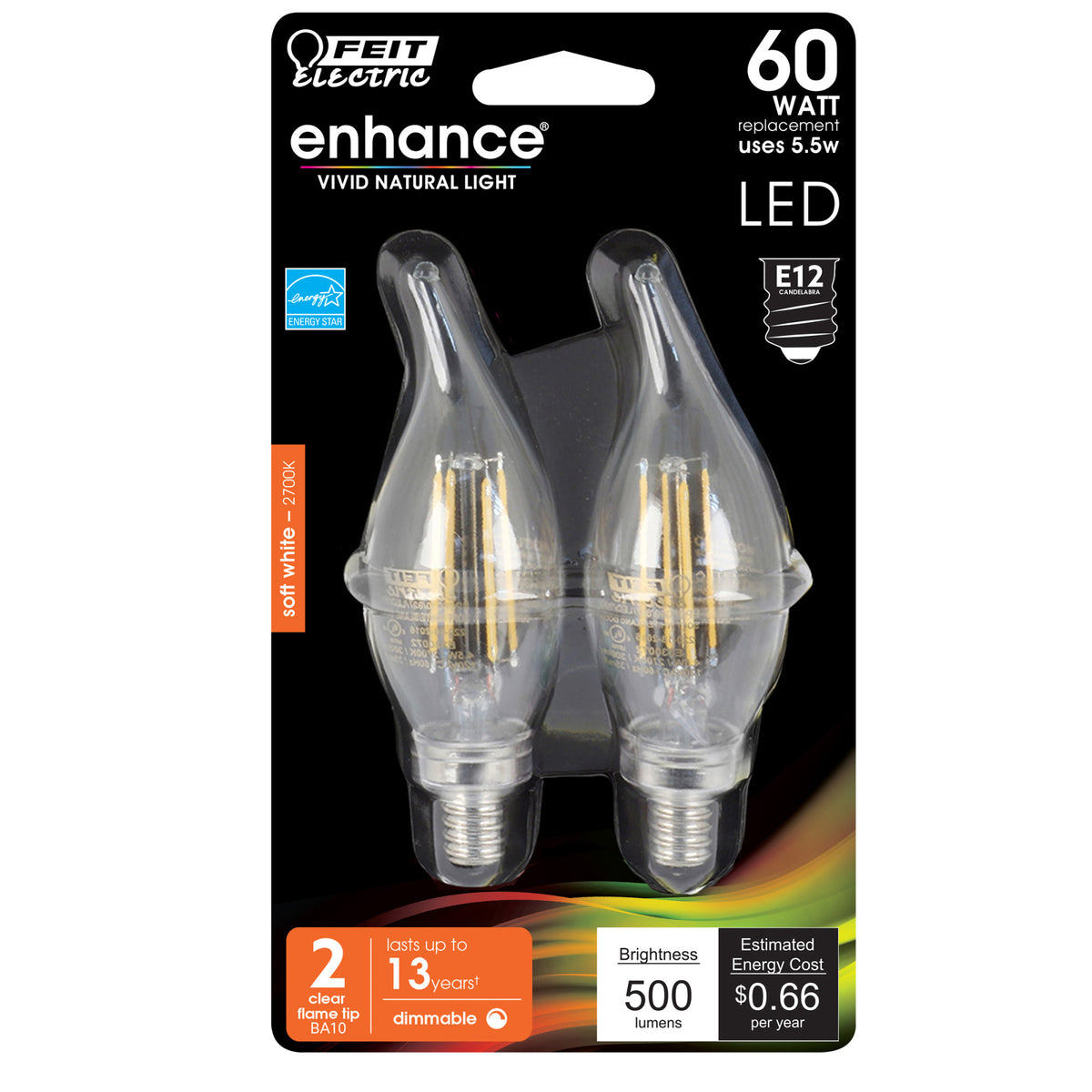 5.5W (60W Replacement) Soft White (2700K) Clear Flame Tip Filament LED Light Bulb (2-Pack)