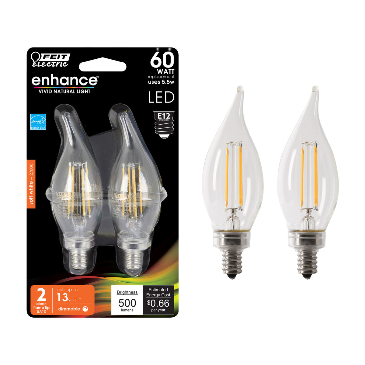 5.5W (60W Replacement) Soft White (2700K) Clear Flame Tip Filament LED Light Bulb (2-Pack)