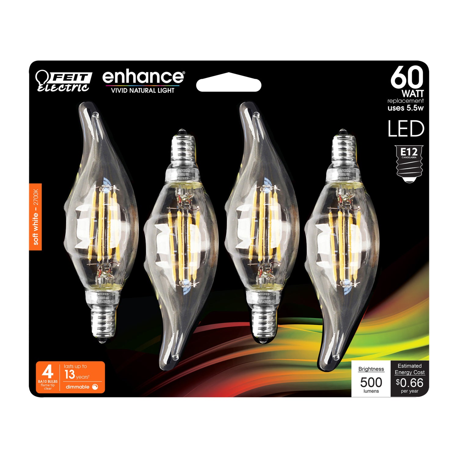 5.5W (60W Replacement) Soft White (2700K) E12 Base BA10 Flame Tip Filament LED Bulb (4-Pack)