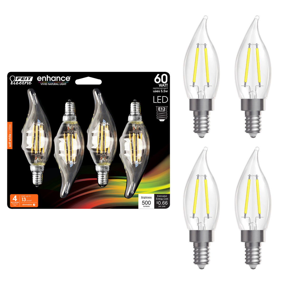 5.5W (60W Replacement) Soft White (2700K) E12 Base BA10 Flame Tip Filament LED Bulb (4-Pack)