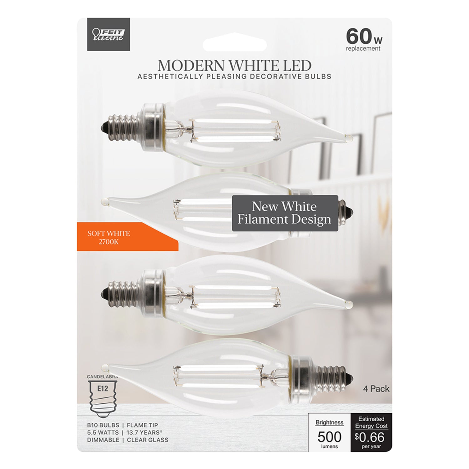5.5W (60W Replacement) Soft White (2700K) B10 Shape (E12 Base) LED Flame Tip Exposed White Filament Bulb (4-Pack)