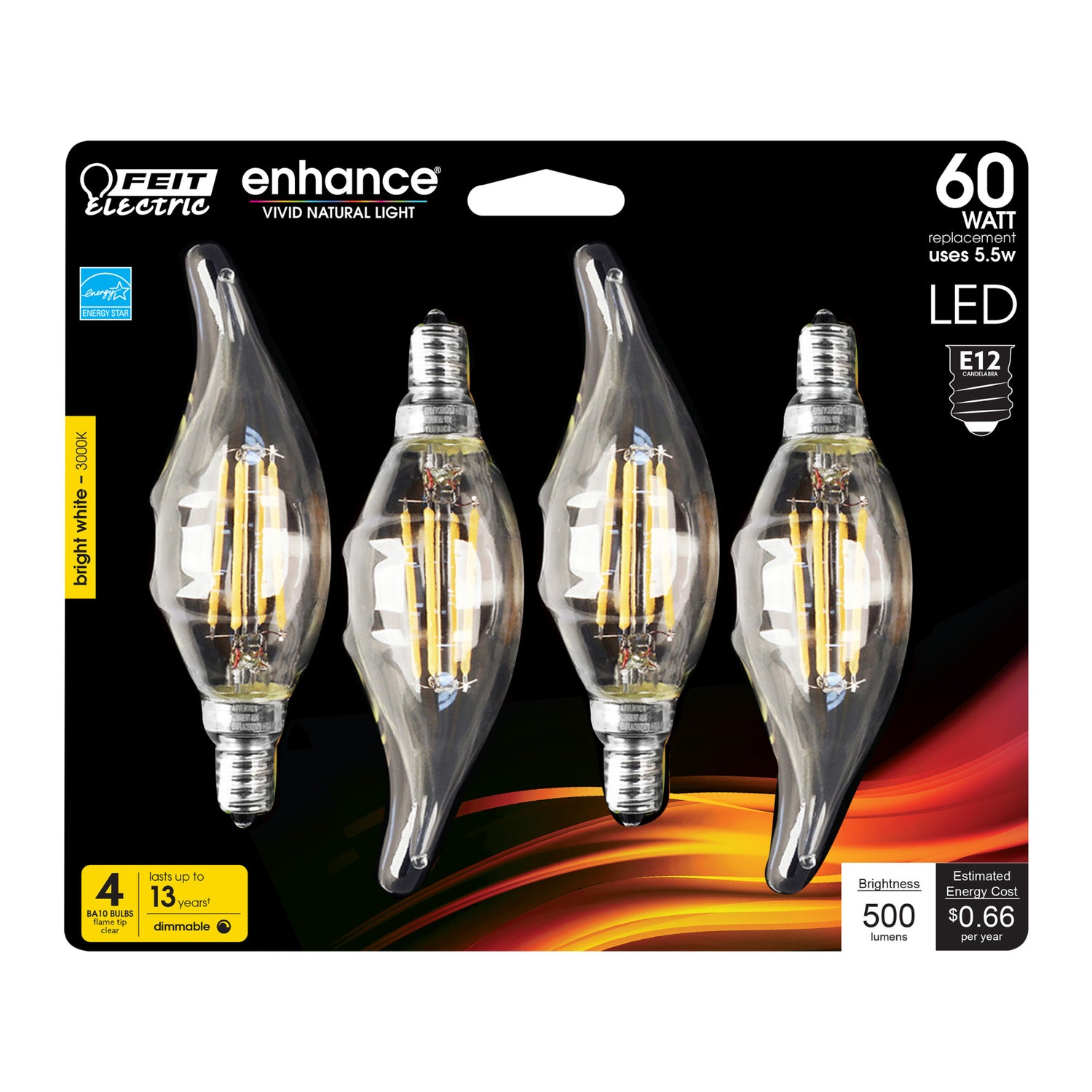 5.5W (60W Replacement) Bright White (3000K) E12 Base BA10 Flame Tip Filament LED Bulb (4-Pack)