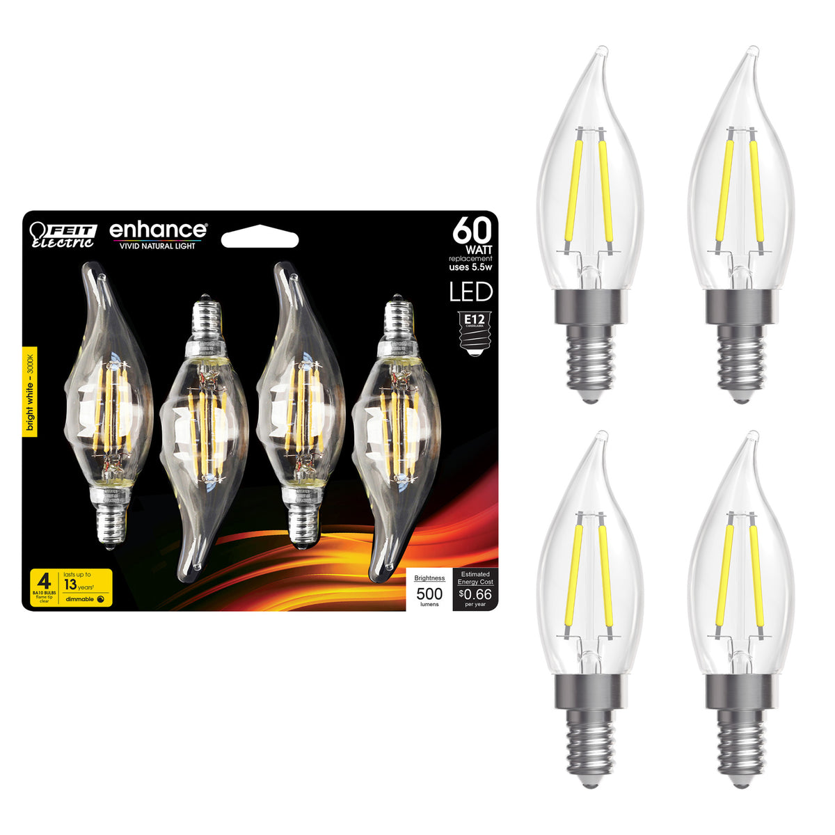 5.5W (60W Replacement) Bright White (3000K) E12 Base BA10 Flame Tip Filament LED Bulb (4-Pack)