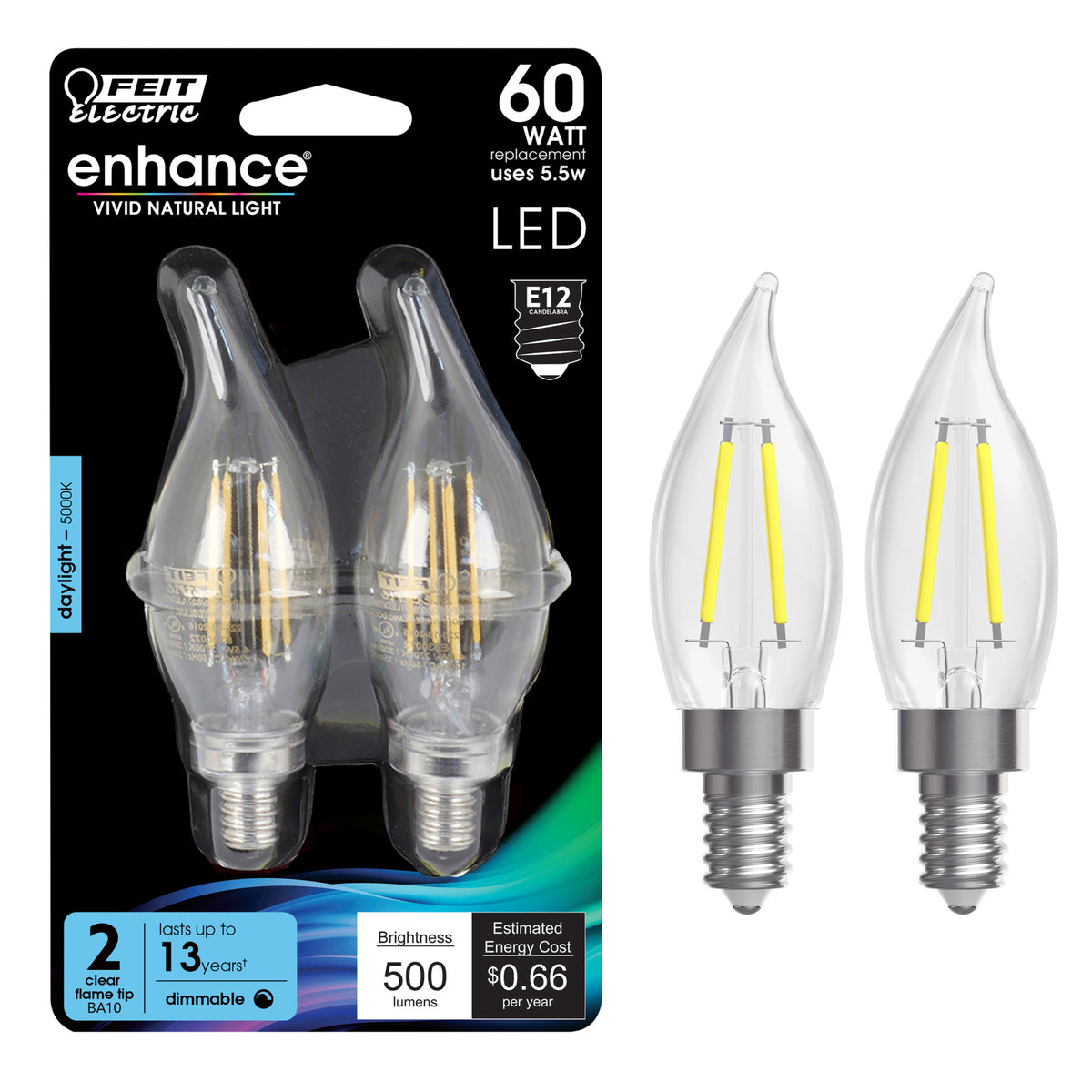 60W Replacement Clear Flame Tip Filament LED (2-Pack)