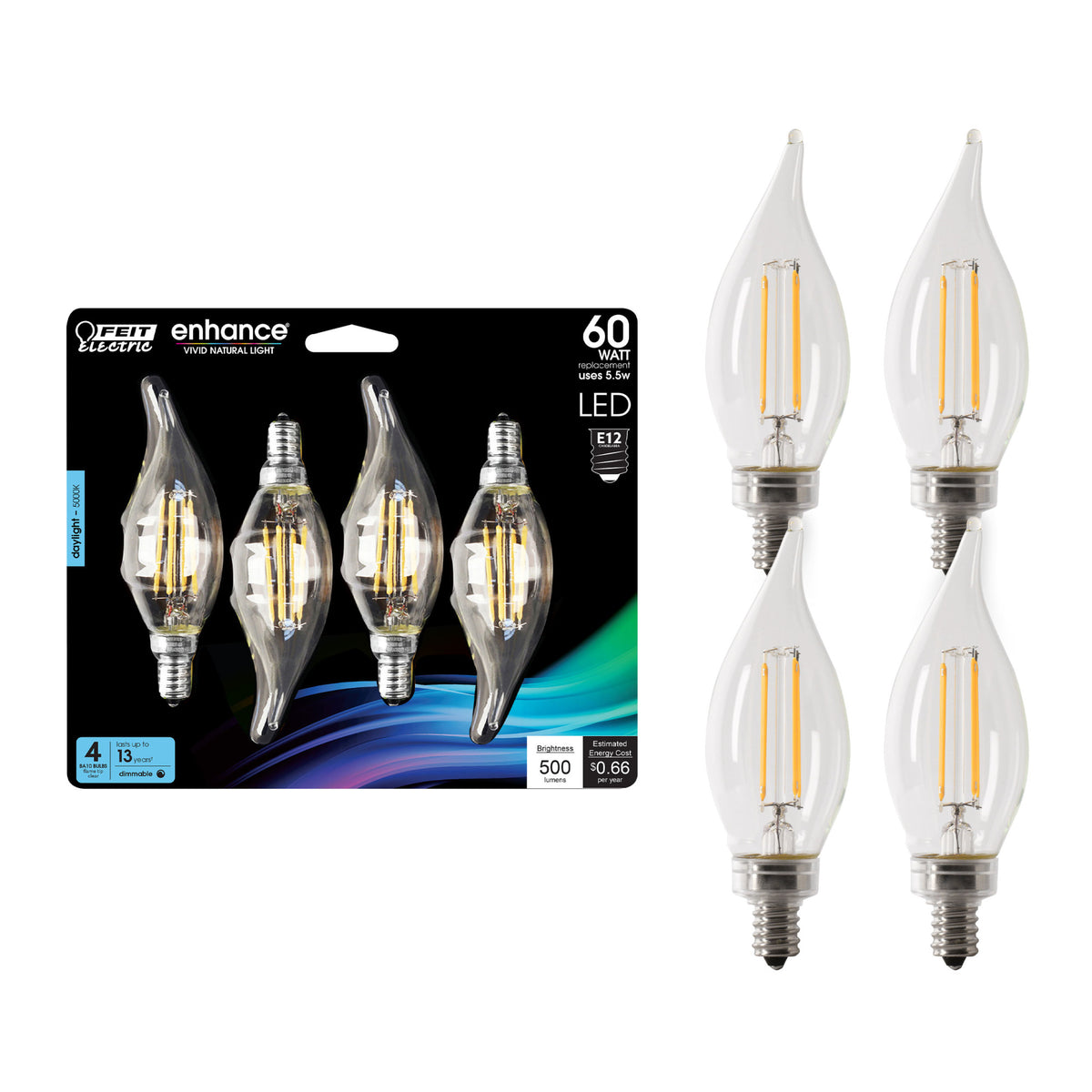 60W Replacement Flame Tip Daylight Filament LED (4-Pack)