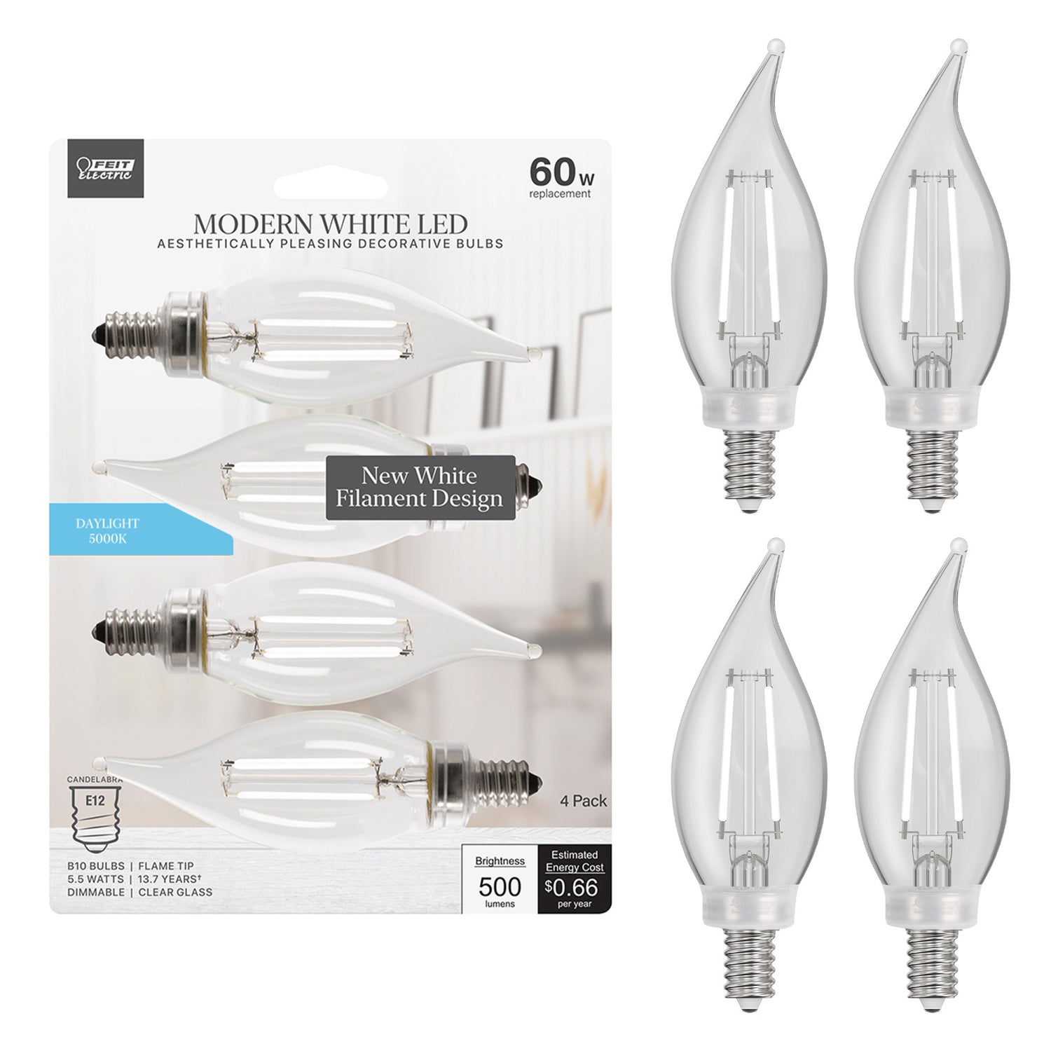 5.5W (60W Replacement) Daylight (5000K) B10 Candelabra (E12 Base) Dimmable Flame Tip Exposed White Filament Chandelier LED Bulb (4-Pack)