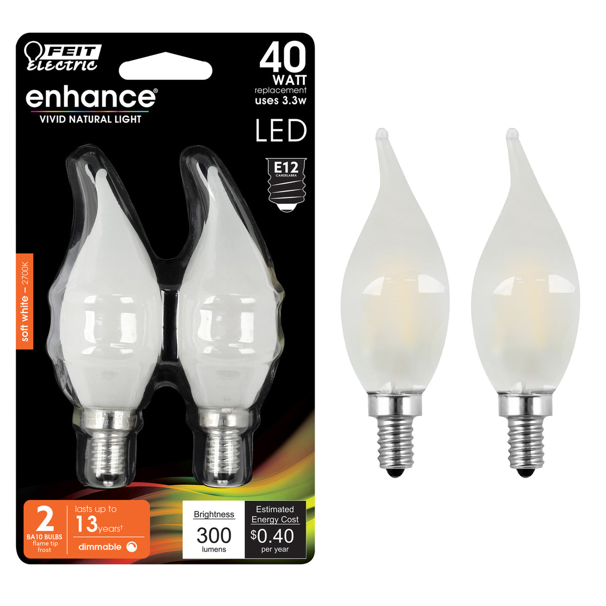 3.3W (40W Replacement) Soft White (2700K) Flame Tip Frost Filament LED Bulb (2-Pack)