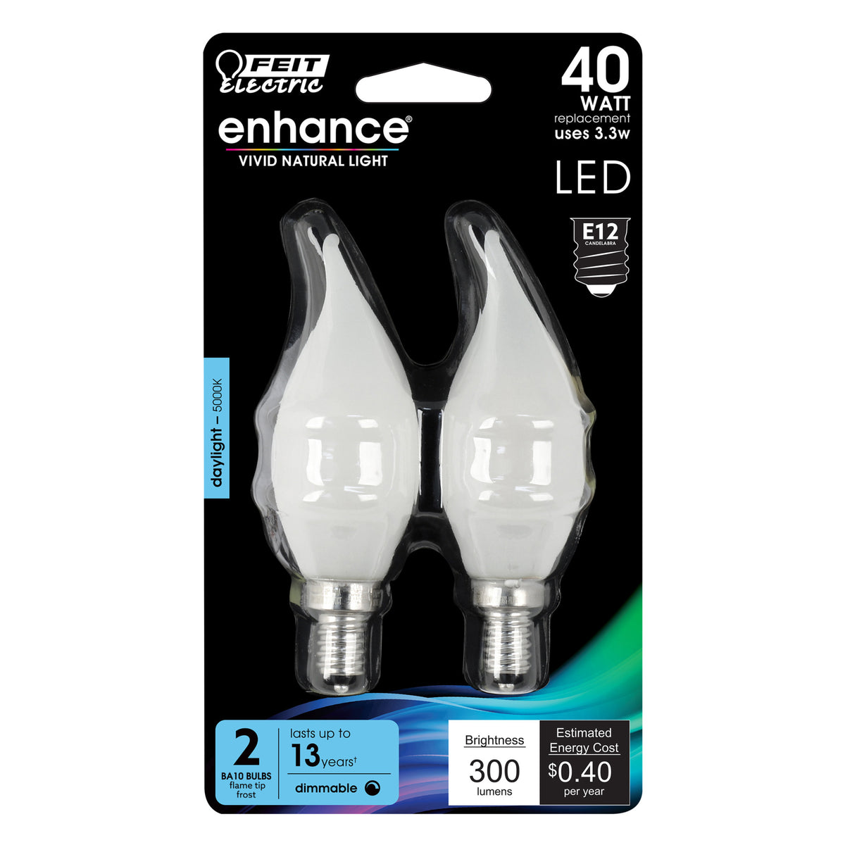 3.3W (40W Replacement) Daylight (5000K) CA10 (E12 Base) Dimmable Frost Decorative Filament Enhance LED (2-Pack)