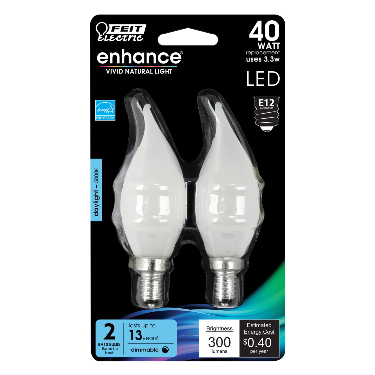 3.3W (40W Replacement) Daylight (5000K) CA10 (E12 Base) Dimmable Frost Decorative Filament Enhance LED (2-Pack)
