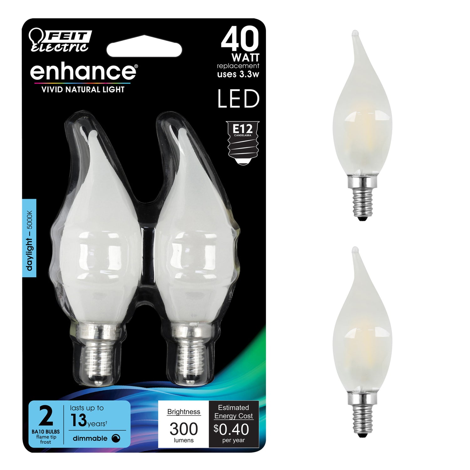 3.3W (40W Replacement) Daylight (5000K) CA10 (E12 Base) Dimmable Frost Decorative Filament Enhance LED (2-Pack)