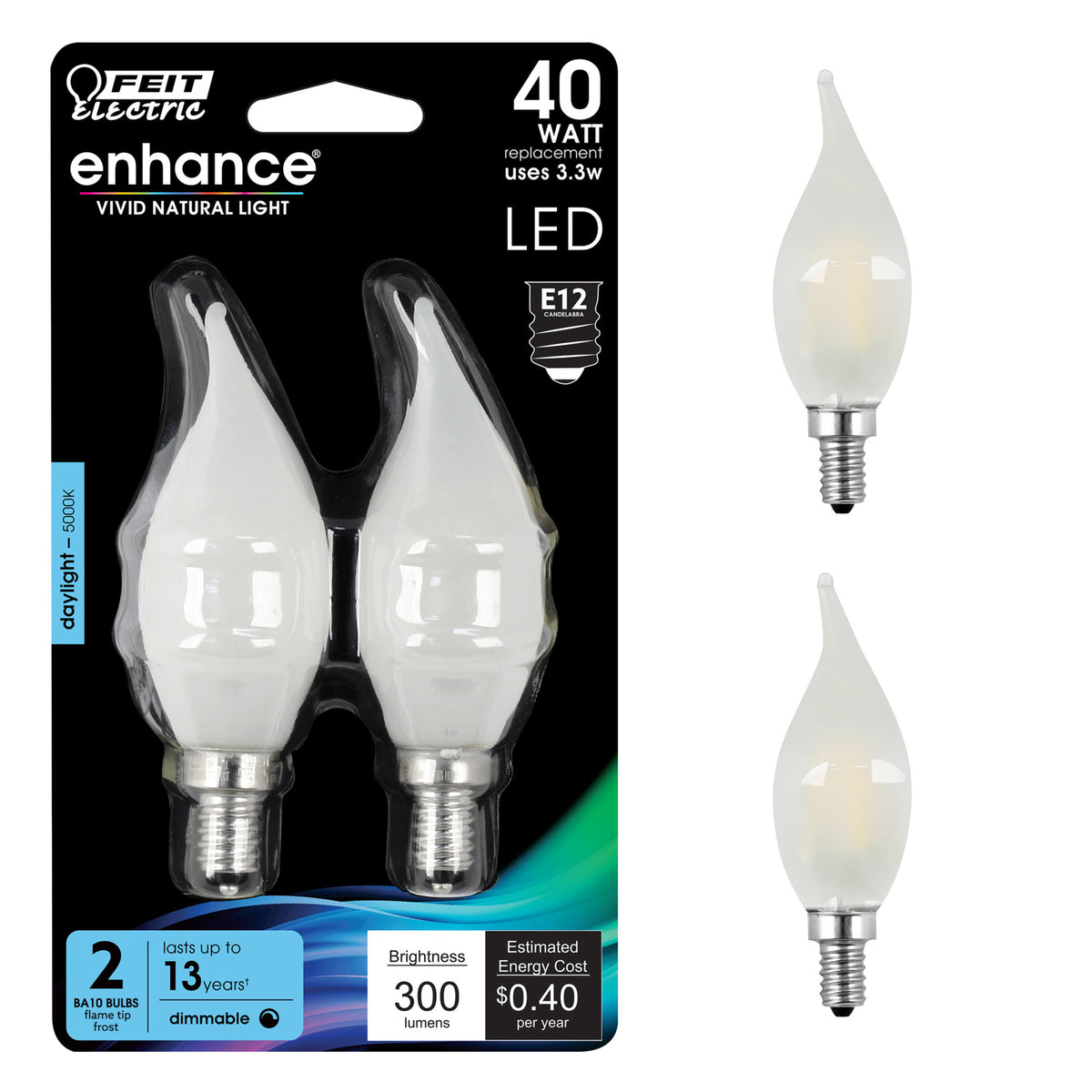 3.3W (40W Replacement) Daylight (5000K) CA10 (E12 Base) Dimmable Frost Decorative Filament Enhance LED (2-Pack)