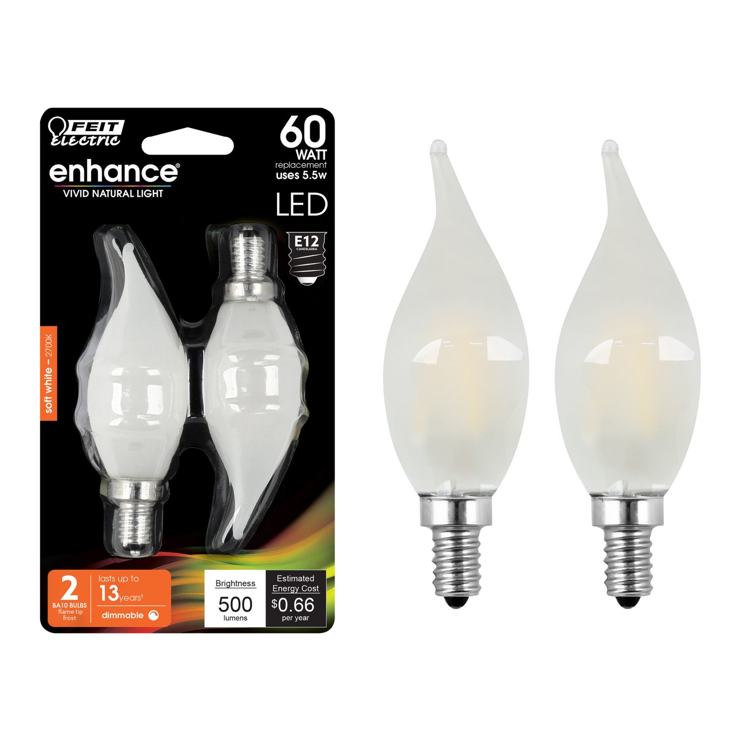 5.5W (60W Replacement) Soft White (2700K) Frost BA10 Dimmable Decorative LED Filament Enhance (2-Pack)