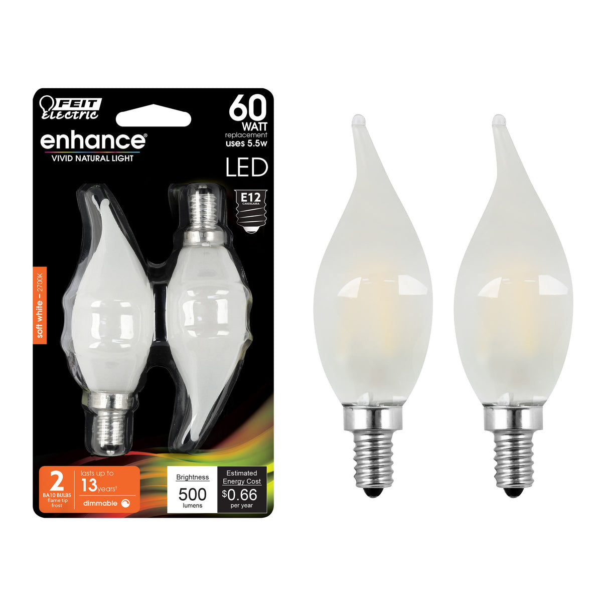 5.5W (60W Replacement) Soft White (2700K) Frost BA10 Dimmable Decorative LED Filament Enhance (2-Pack)