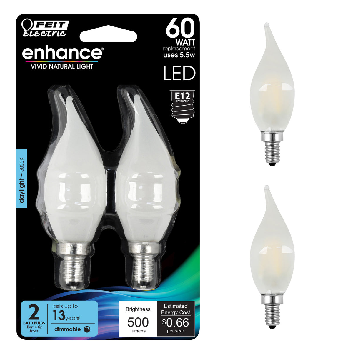 60W Replacement Frost BA10 Dimmable Daylight Decorative LED Filament Enhance (2-Pack)