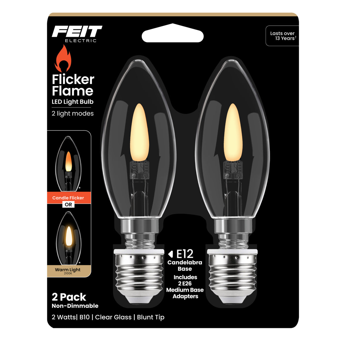 Flicker Flame LED B10 Candle Bulb E12 Base (2-Pack)