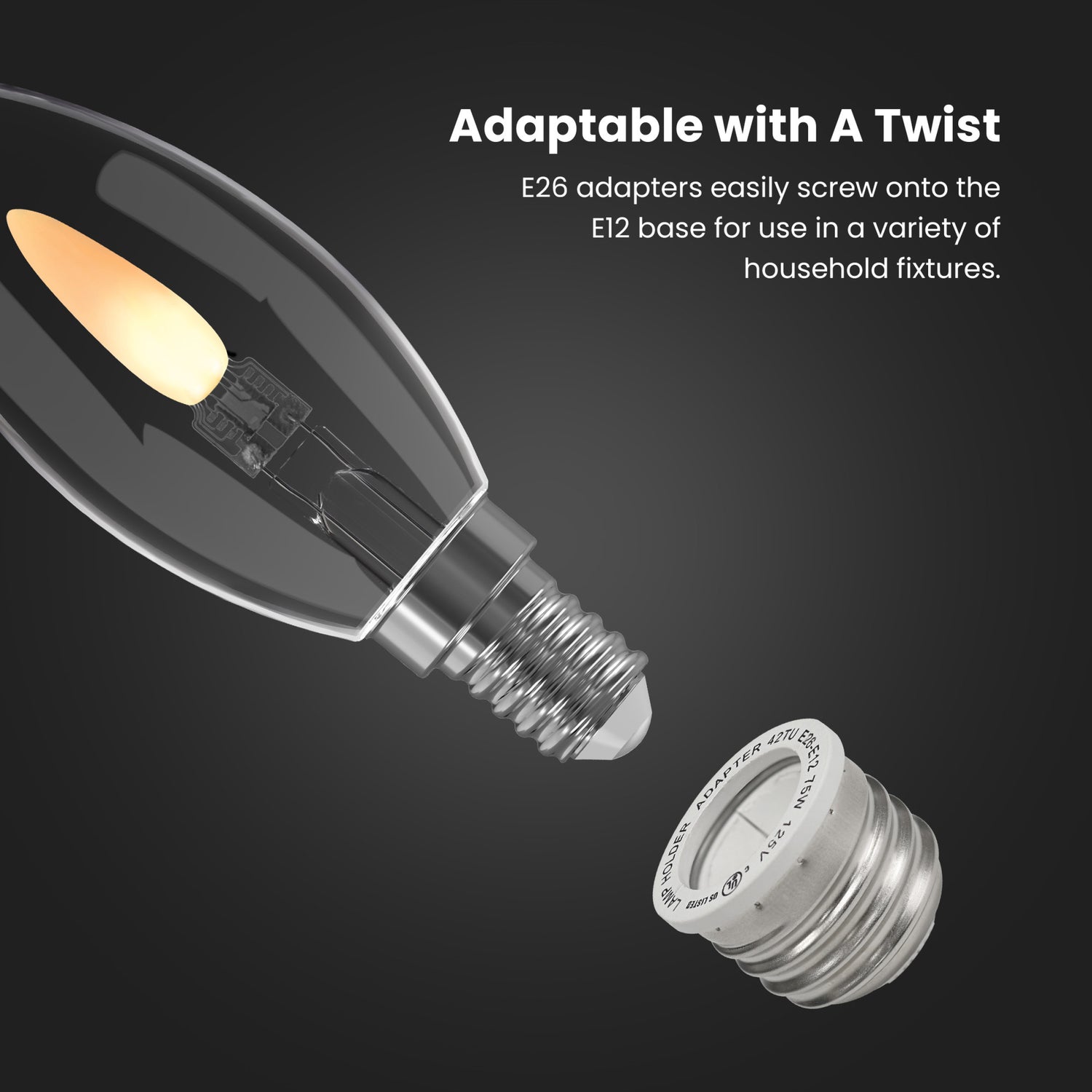 Flicker Flame LED B10 Candle Bulb E12 Base with E26 Adapters (2-Pack)