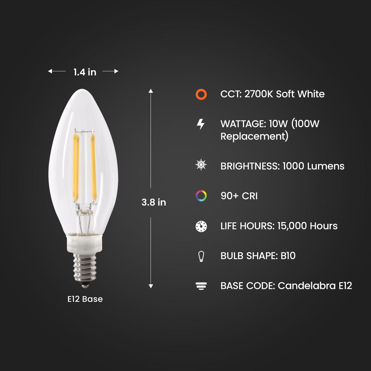 10W (100W Replacement) Blunt Tip Soft White (2700K) E12 Base B10 Filament LED (2-Pack)