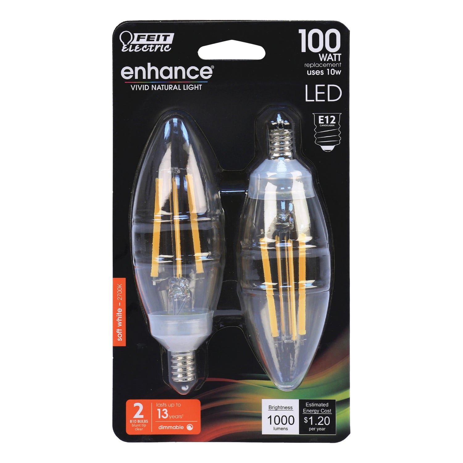 10W (100W Replacement) Blunt Tip Soft White (2700K) E12 Base B10 Filament LED (2-Pack)