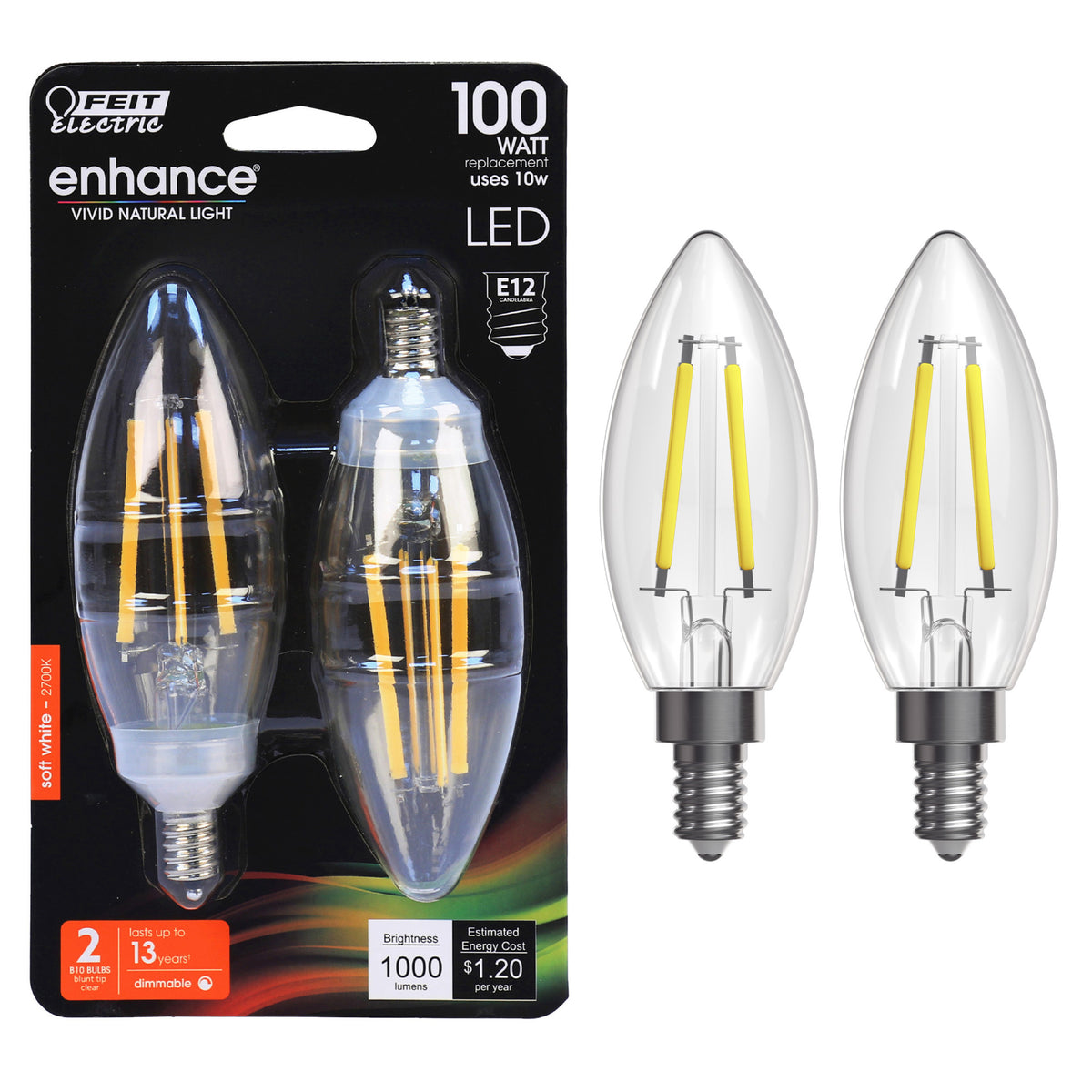 10W (100W Replacement) Blunt Tip Soft White (2700K) E12 Base B10 Filament LED (2-Pack)