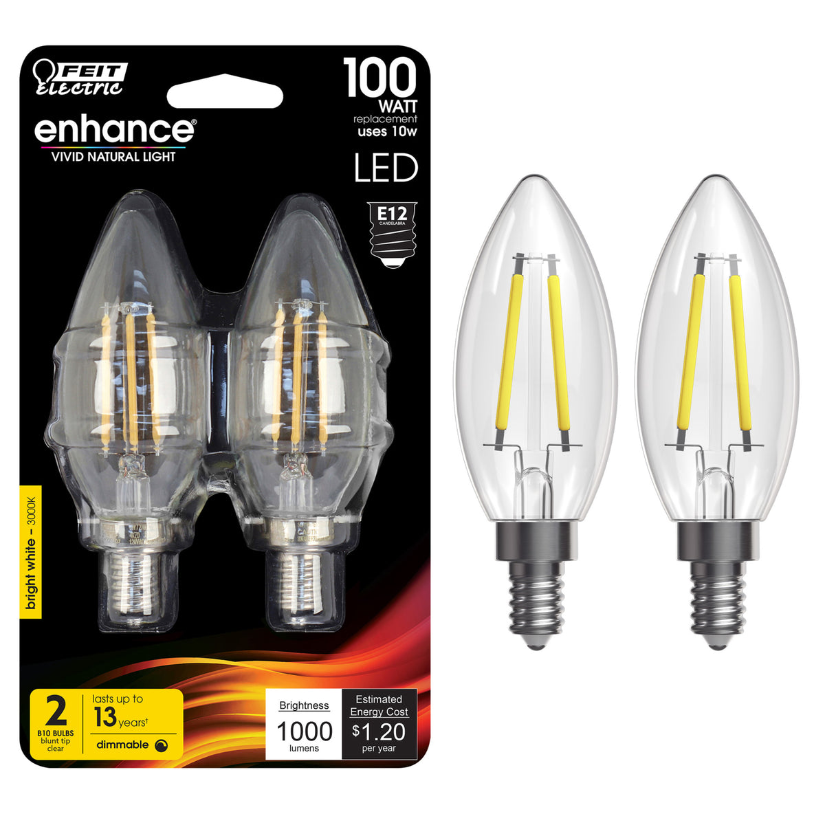 10W (100W Replacement) Bright White (3000K) E12 Base B10 Blunt Tip Dimmable Filament LED Bulb (2-Pack)