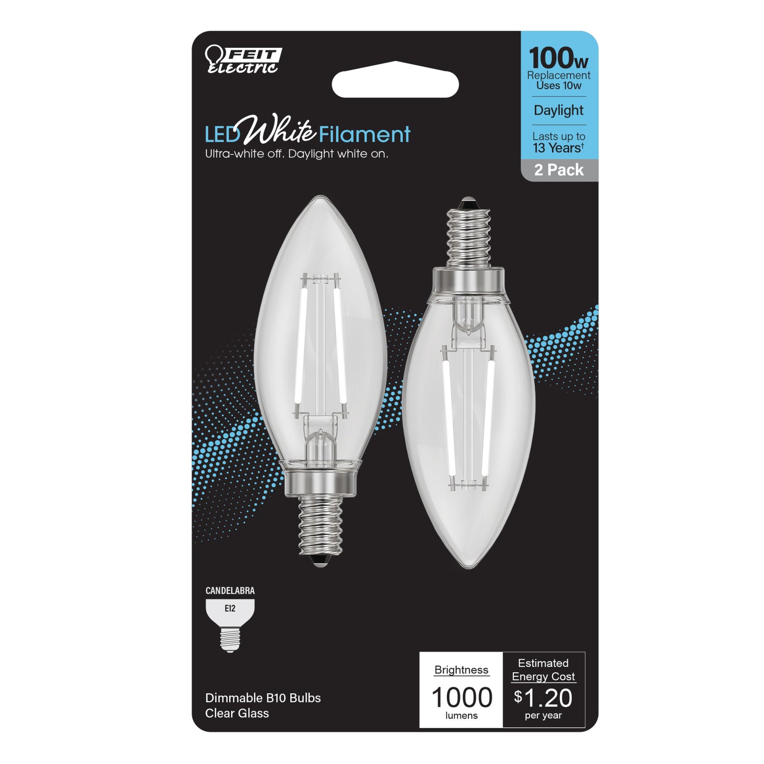 10W (100W Equivalent) Daylight (5000K) B10 Shape (E12 Base) Torpedo Tip LED Exposed White Filament Bulb (2-Pack)