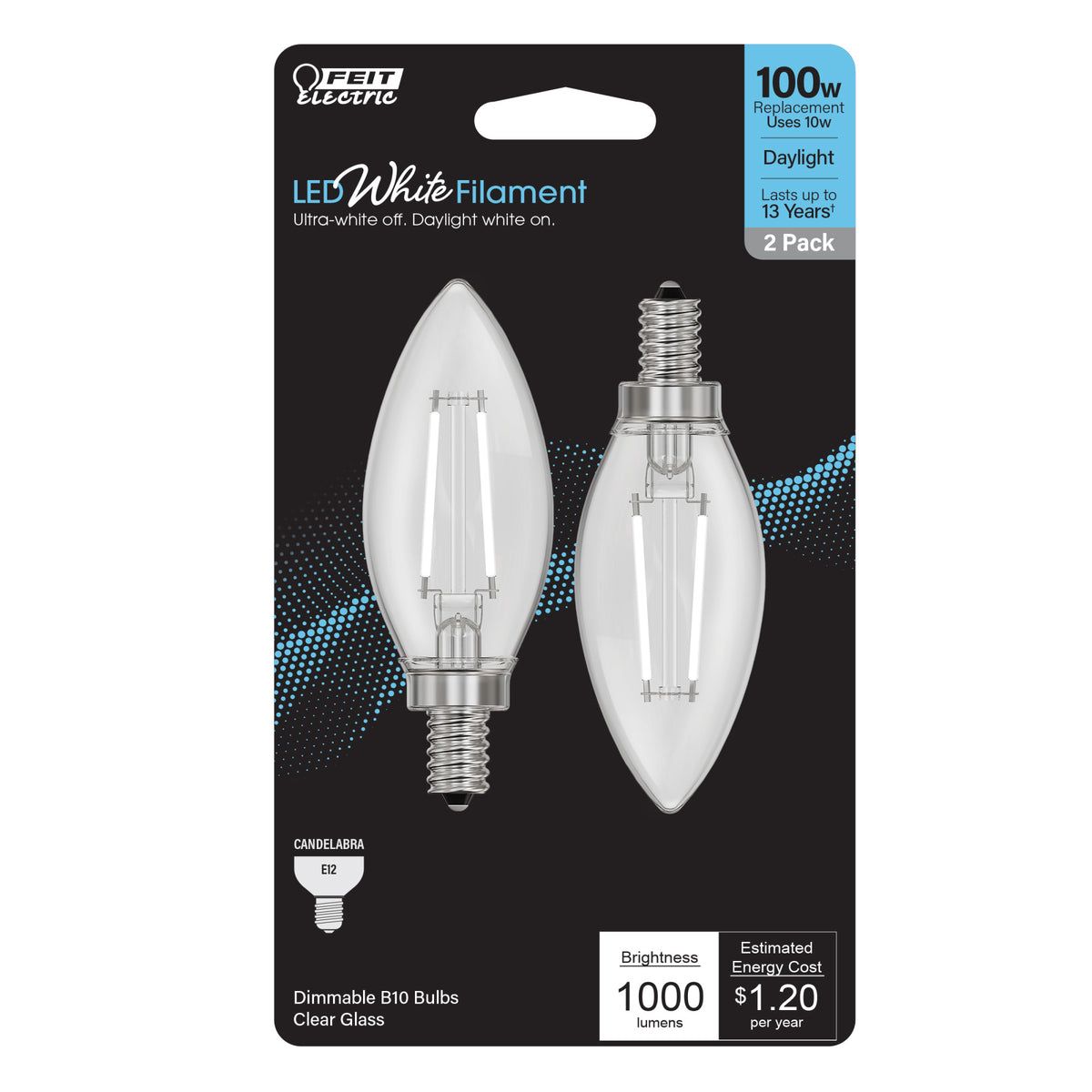 10W (100W Equivalent) Daylight (5000K) B10 Shape (E12 Base) Torpedo Tip LED Exposed White Filament Bulb (2-Pack)