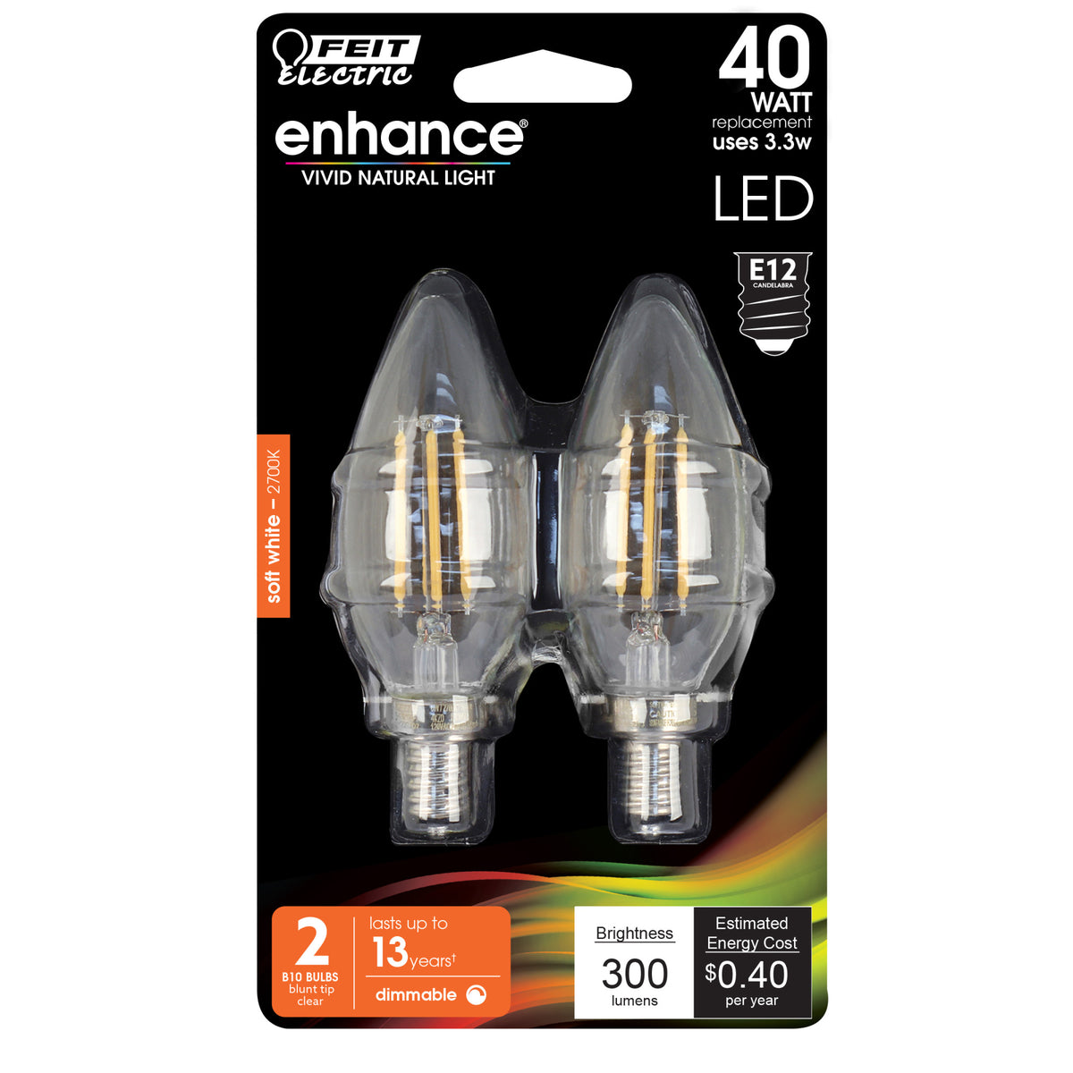 3.3W (40W Replacement) Soft White (2700K) E12 Base B10 Dimmable Clear Decorative LED Filament Enhance Light Bulbs (2-Pack)