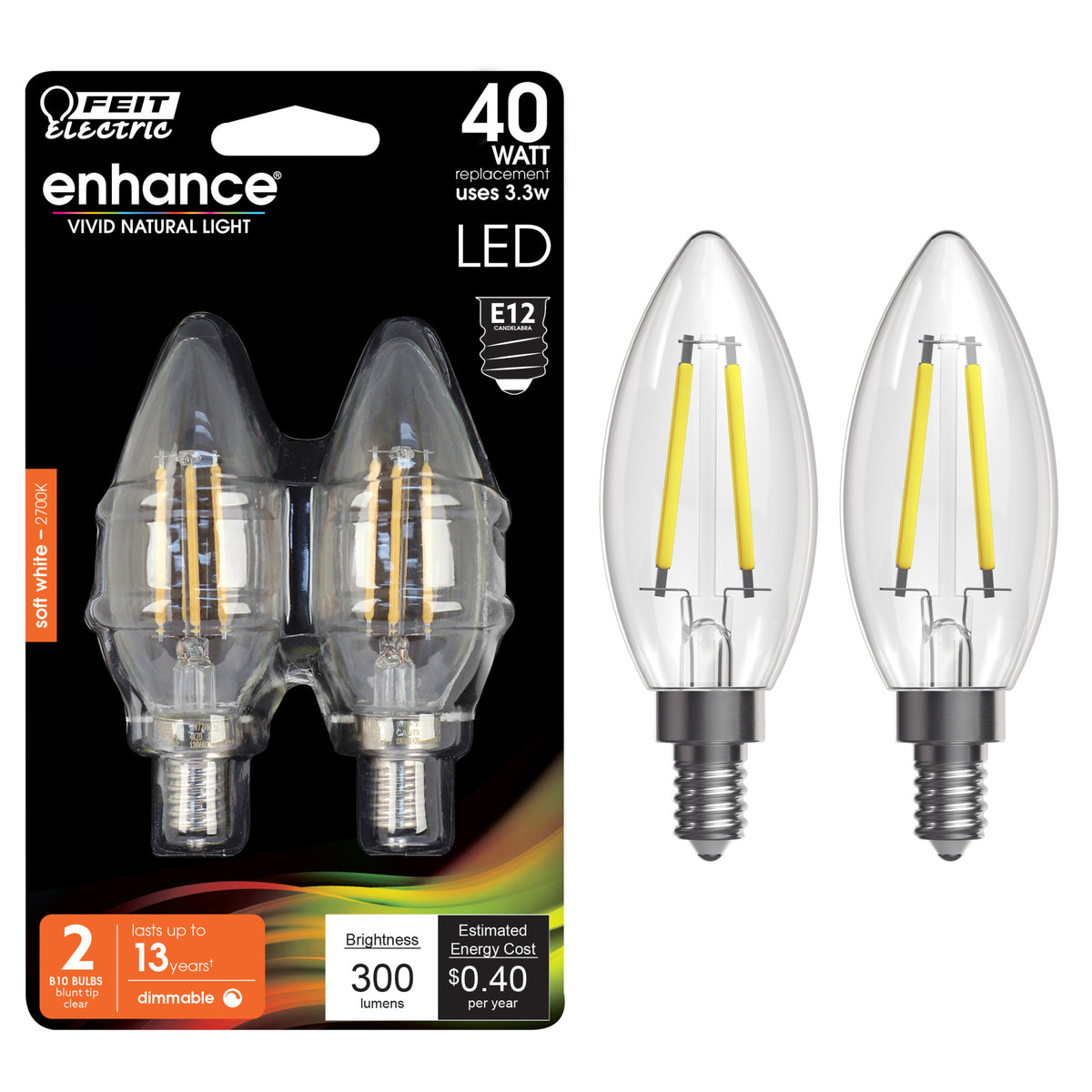 3.3W (40W Replacement) Soft White (2700K) E12 Base B10 Dimmable Clear Decorative LED Filament Enhance Light Bulbs (2-Pack)