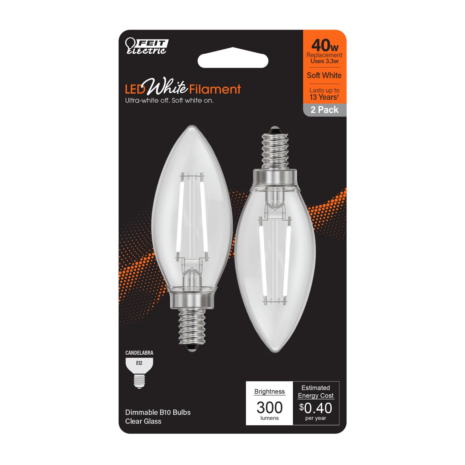 3.3W (40W Equivalent) Soft White (2700K) Chandelier B10 (E12 Base) Torpedo Tip Exposed White Filament LED Light Bulb (2-Pack)